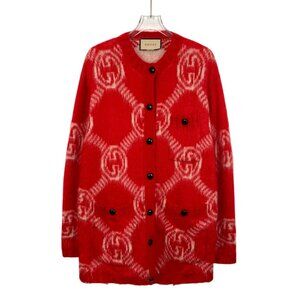 Gucci Red Wool/Mohair GG Logo Button-Up Cardigan With Pockets